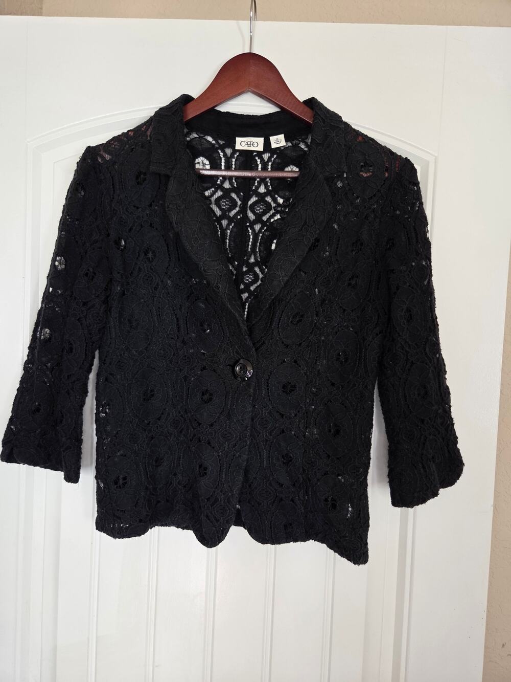 Cato Black Lace Crochet Blazer Jacket Women's Medium 3/4 Sleeve Open Front
